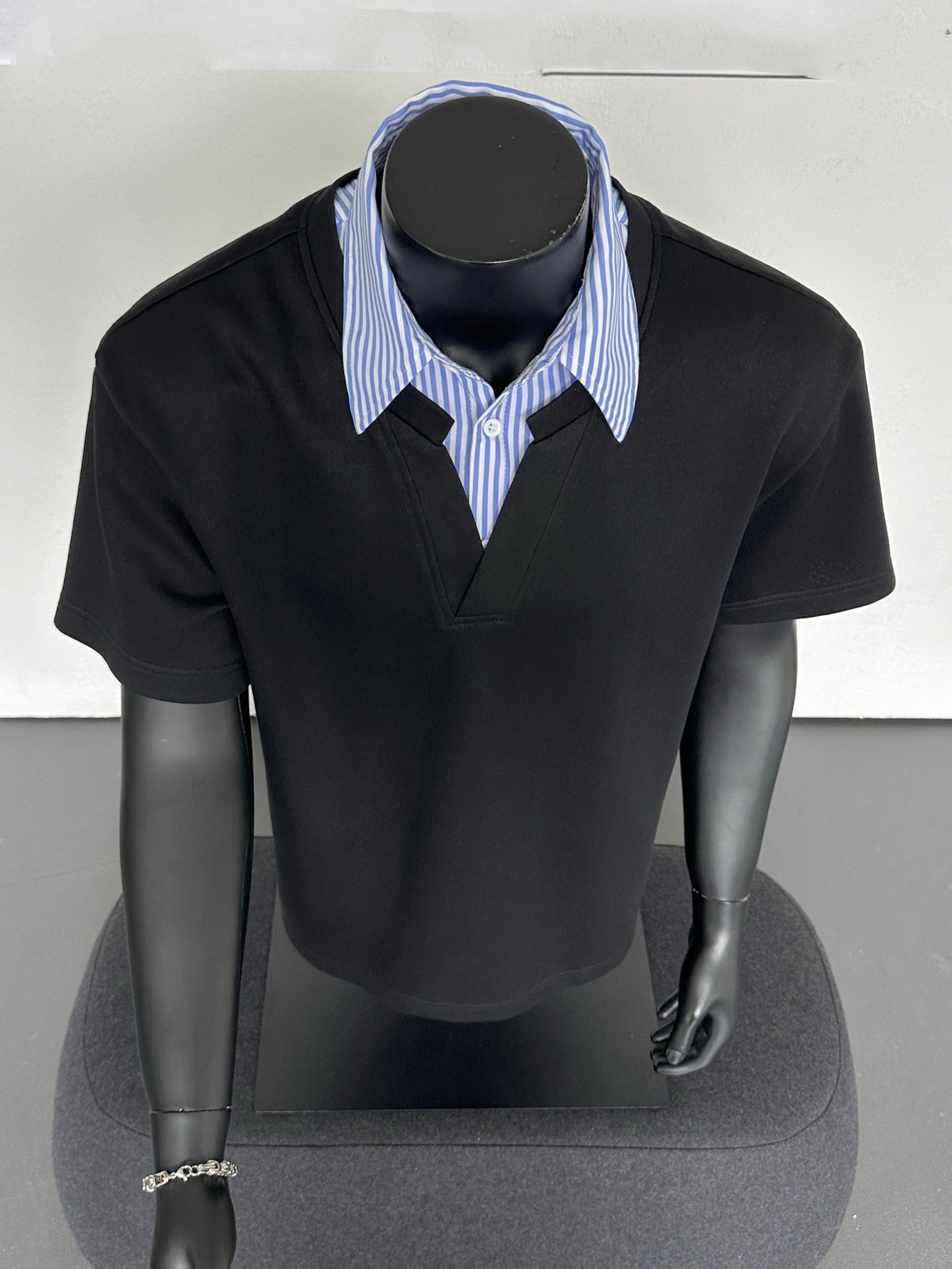 Striped Collar Shirt, Summer Casual Loose Short Sleeve T-Shirt, Business Color Block Lapel Top
