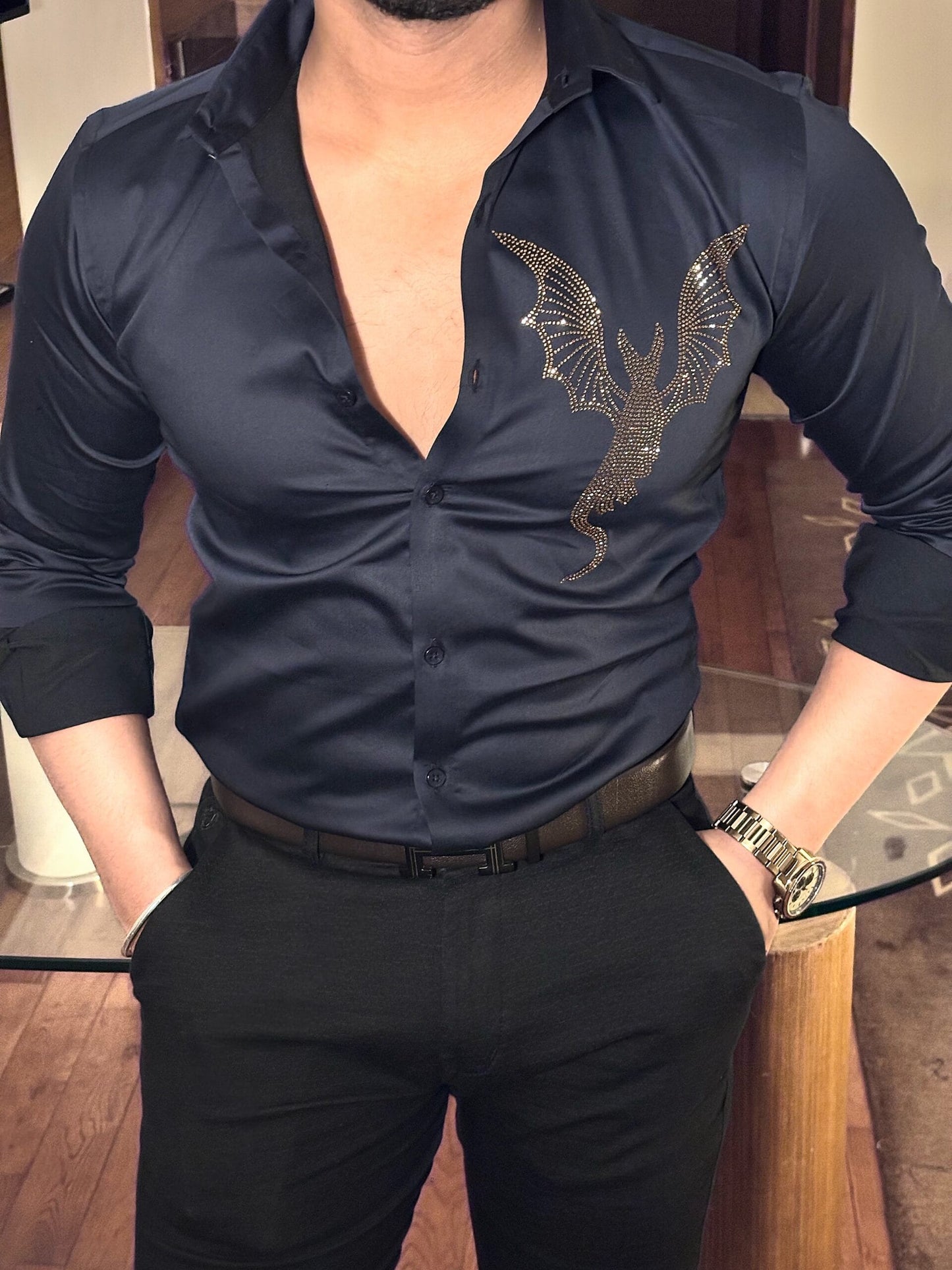 Dragon Giza Cotton Lycra Shirt - Navy