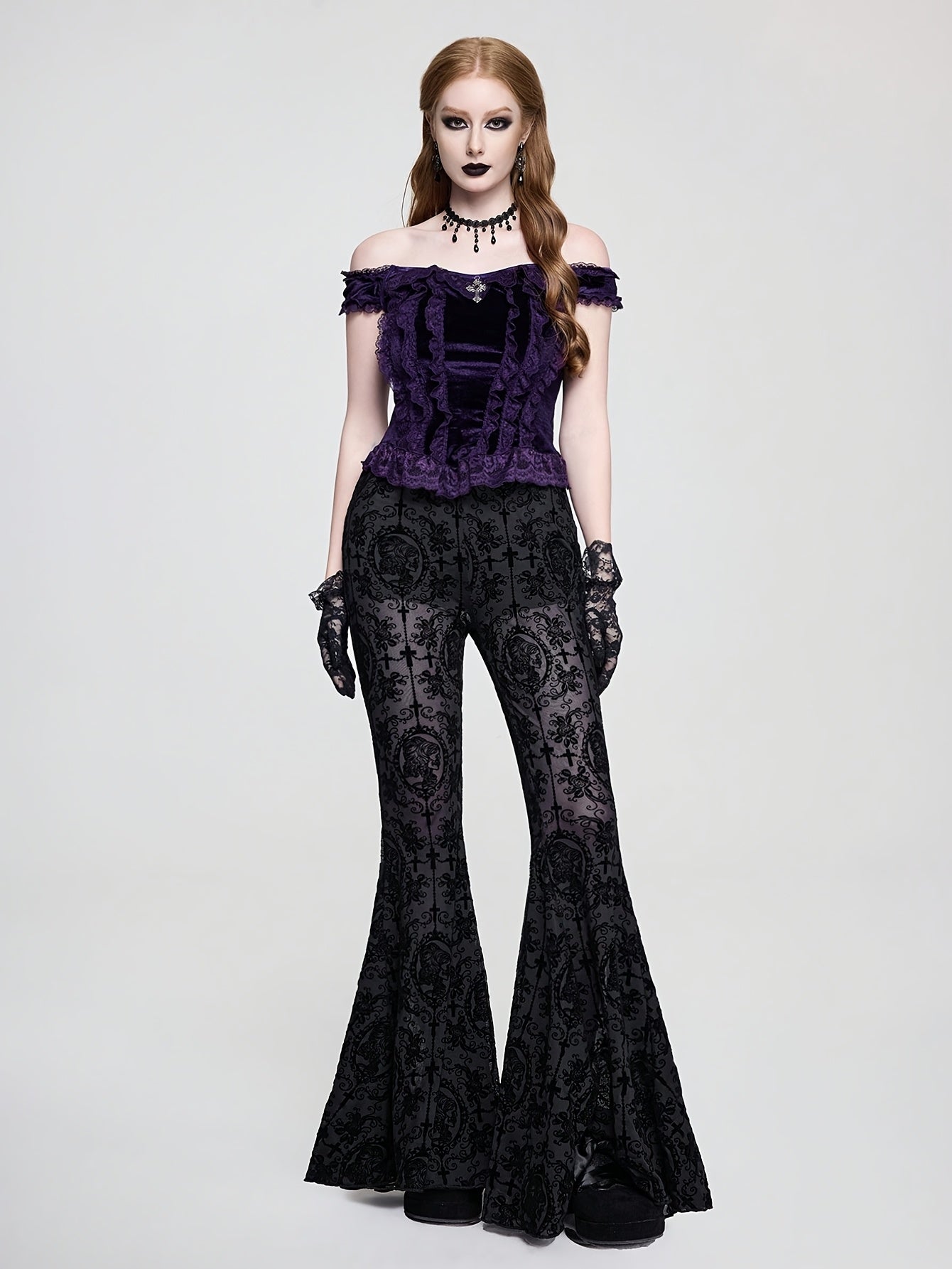 Gothic Skull Vine Cross Print Wide Leg Long Pants