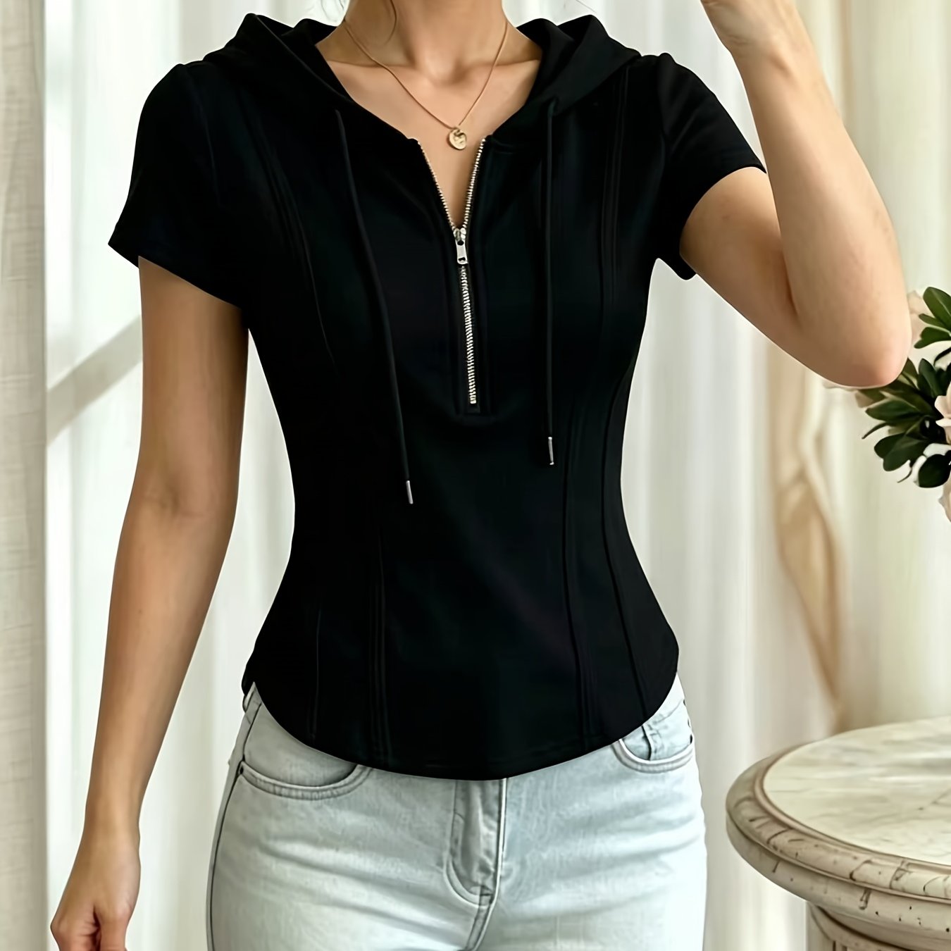 New Summer Solid Color Fashionable and Elegant Half-Zip Hooded Short-Sleeve Top, Slim Fit, Flattering, and Versatile