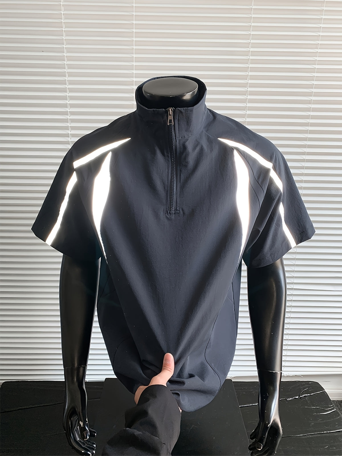 Men's Summer Outdoor Casual Plus-Size Sporty Spliced Reflective Stripe Stand Collar Short-Sleeve T-Shirt