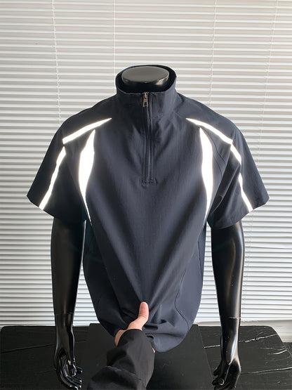 Men's Summer Outdoor Casual Plus-Size Sporty Spliced Reflective Stripe Stand Collar Short-Sleeve T-Shirt