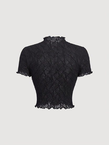 Women's Lace Floral Jacquard Tulle T-Shirt - Sheer-Suitable for Dates & Parties