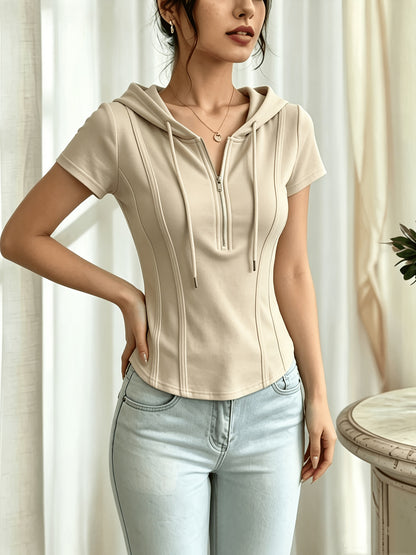 New Summer Solid Color Fashionable and Elegant Half-Zip Hooded Short-Sleeve Top, Slim Fit, Flattering, and Versatile