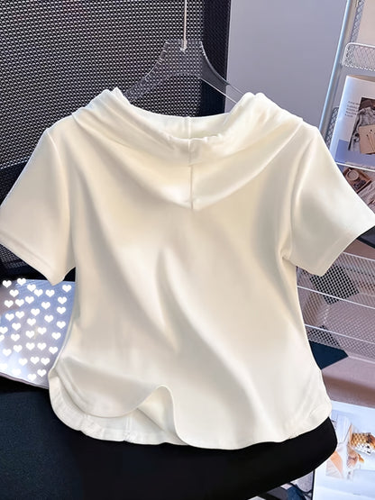 New Summer Solid Color Fashionable and Elegant Half-Zip Hooded Short-Sleeve Top, Slim Fit, Flattering, and Versatile