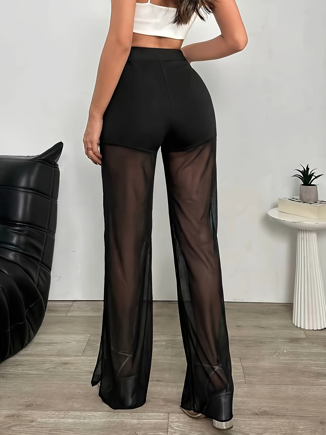 High-Waist Stretch Skinny Pants, Mesh Panel