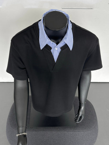 Striped Collar Shirt, Summer Casual Loose Short Sleeve T-Shirt, Business Color Block Lapel Top
