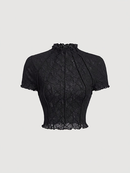 Women's Lace Floral Jacquard Tulle T-Shirt - Sheer-Suitable for Dates & Parties