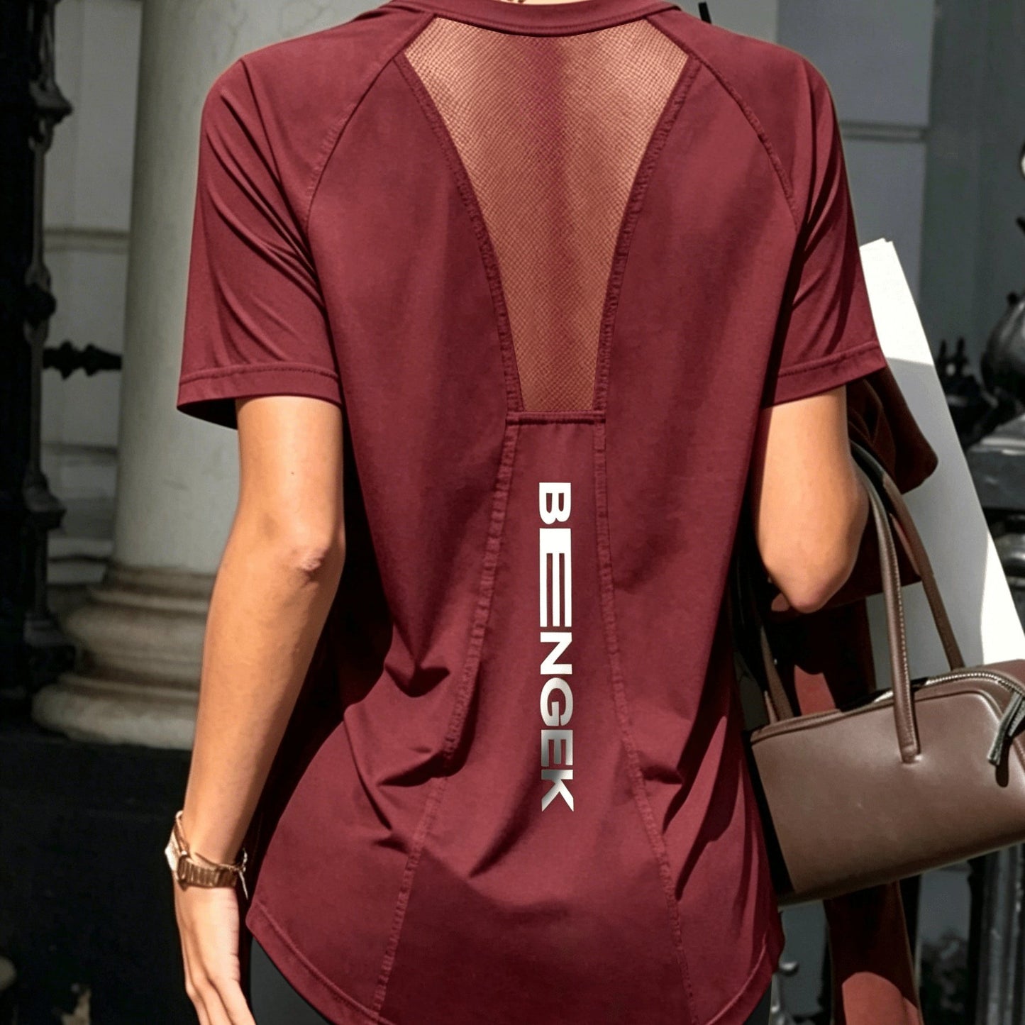 Mesh Panel Backless Athletic Top with Vertical Letter Print, Breathable Fitness Running Yoga Casual Versatile Short Sleeve T-Shirt for Women