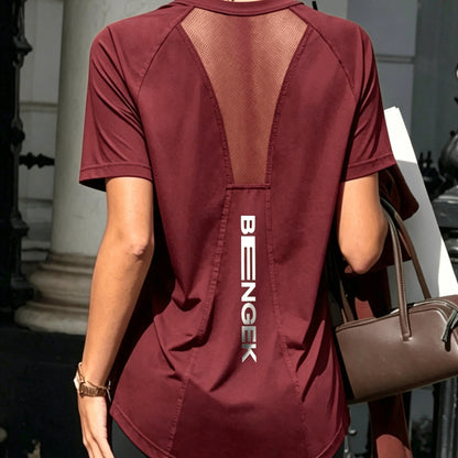 Mesh Panel Backless Athletic Top with Vertical Letter Print, Breathable Fitness Running Yoga Casual Versatile Short Sleeve T-Shirt for Women