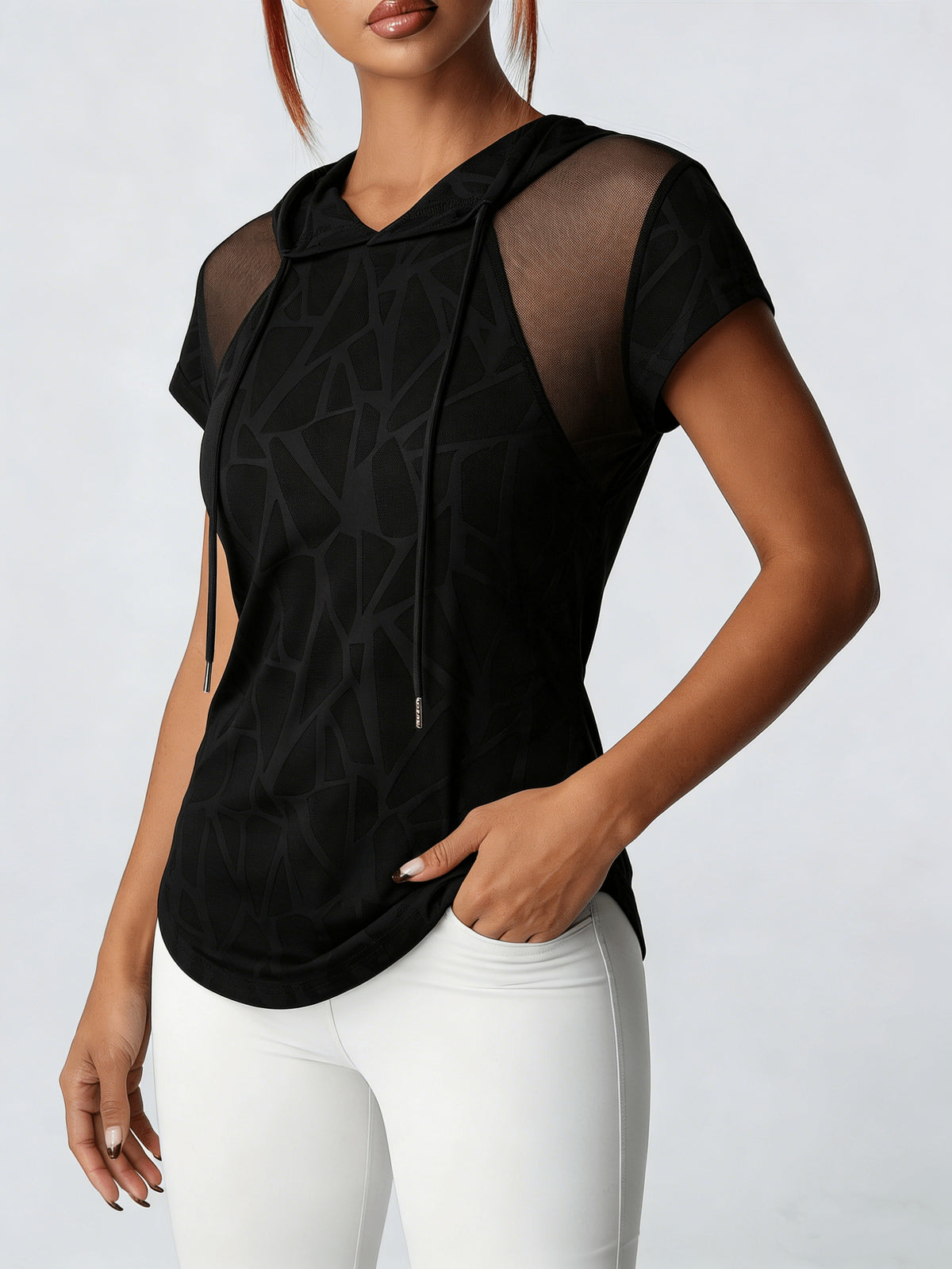 Women'S Spring Summer Athletic Fitness Yoga Hooded T-Shirt, Mesh Panel Design