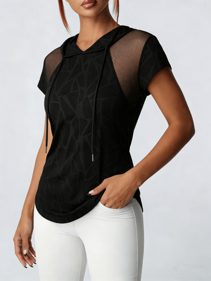 Women'S Spring Summer Athletic Fitness Yoga Hooded T-Shirt, Mesh Panel Design