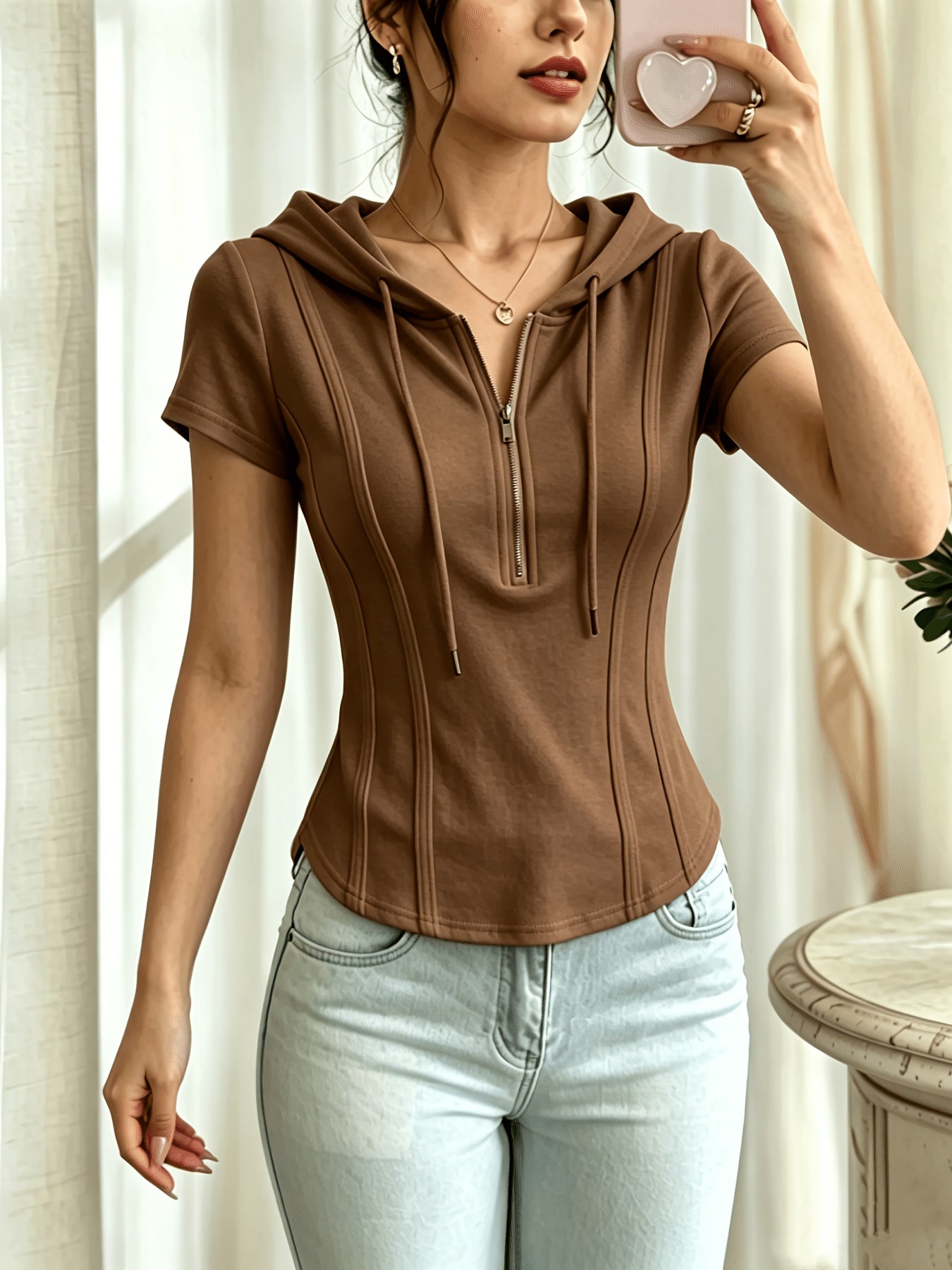 New Summer Solid Color Fashionable and Elegant Half-Zip Hooded Short-Sleeve Top, Slim Fit, Flattering, and Versatile