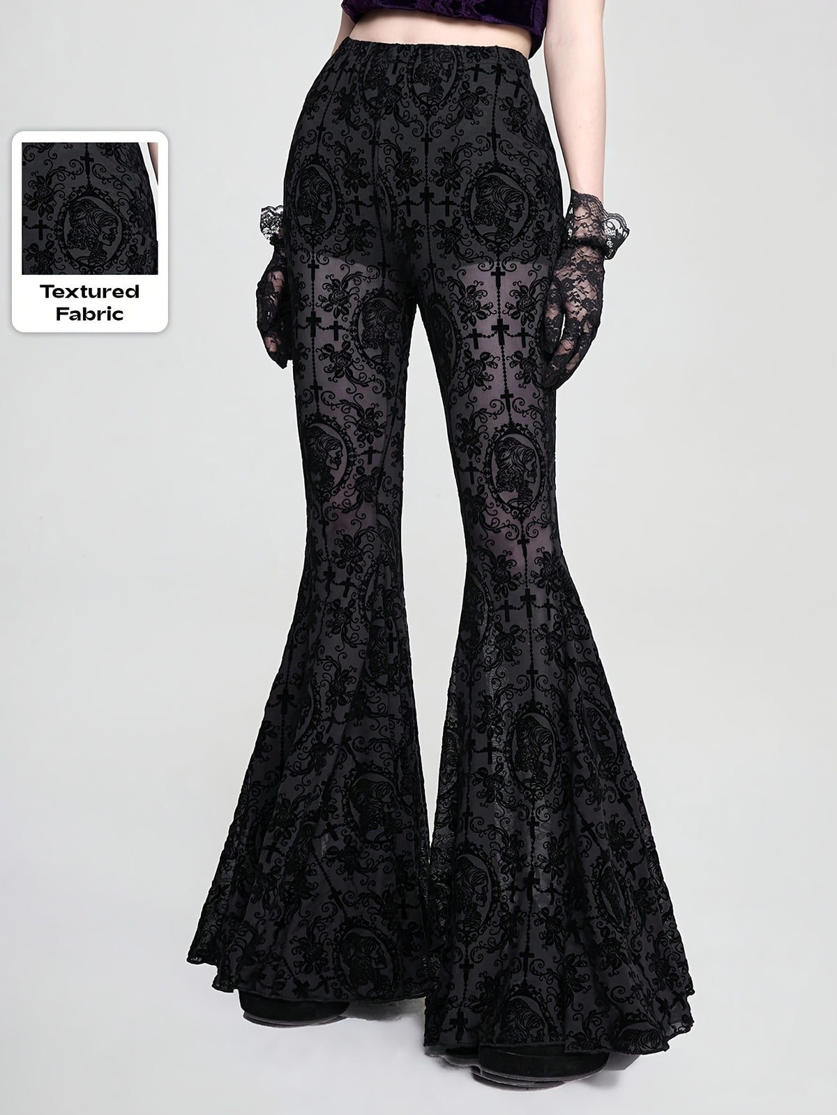 Gothic Skull Vine Cross Print Wide Leg Long Pants