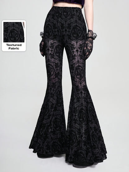 Gothic Skull Vine Cross Print Wide Leg Long Pants