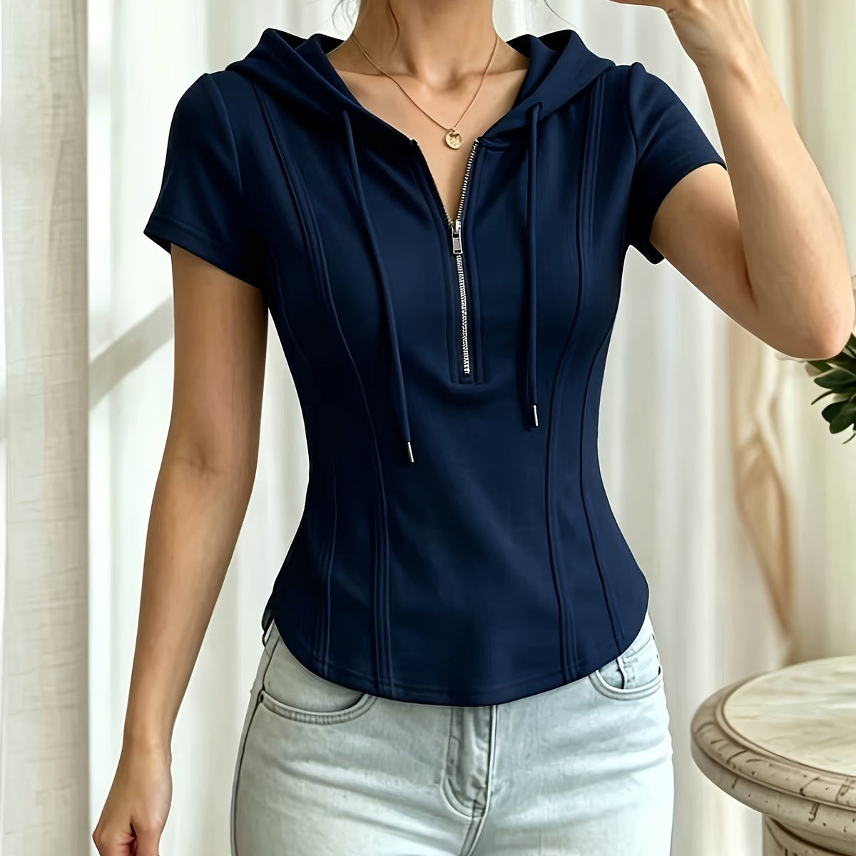 New Summer Solid Color Fashionable and Elegant Half-Zip Hooded Short-Sleeve Top, Slim Fit, Flattering, and Versatile