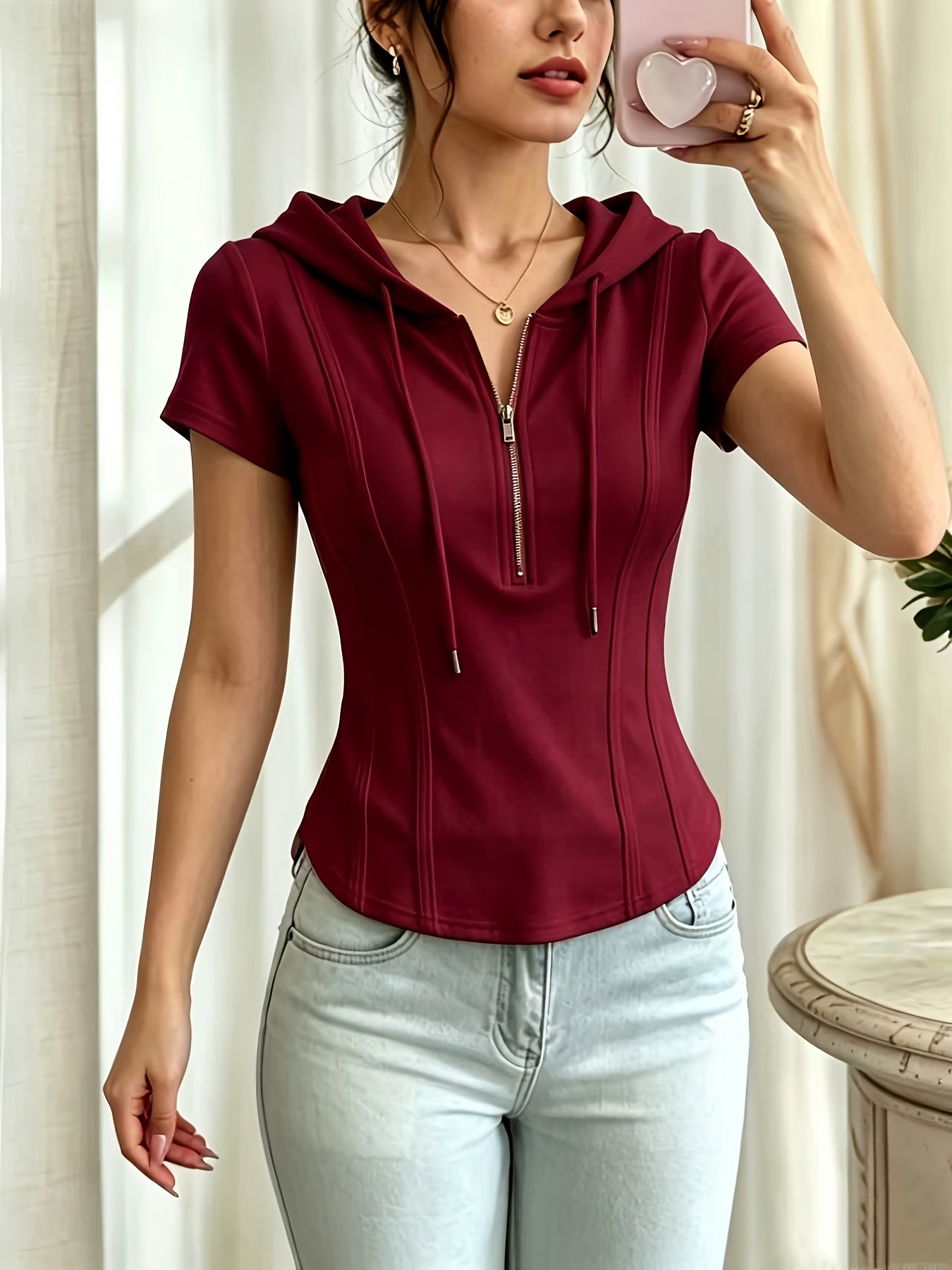 New Summer Solid Color Fashionable and Elegant Half-Zip Hooded Short-Sleeve Top, Slim Fit, Flattering, and Versatile