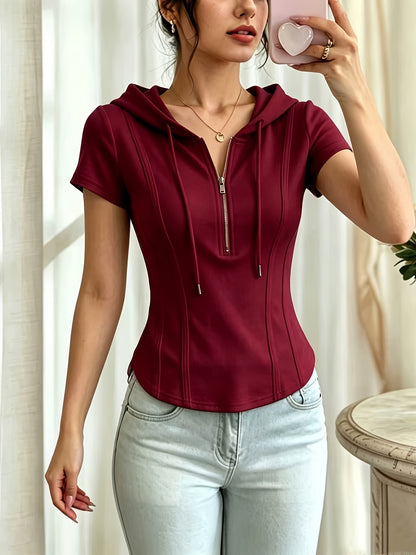 New Summer Solid Color Fashionable and Elegant Half-Zip Hooded Short-Sleeve Top, Slim Fit, Flattering, and Versatile