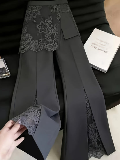 Women'S Elegant Lace Patchwork Side Slit Flare Trousers, Women'S Pants [ZLLZ]