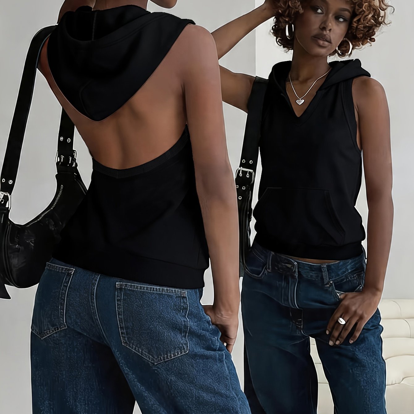 A Top, Black Slim-Fit Backless Sleeveless Vest for Women