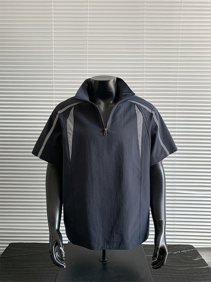 Men's Summer Outdoor Casual Plus-Size Sporty Spliced Reflective Stripe Stand Collar Short-Sleeve T-Shirt