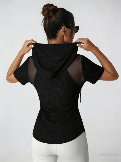 Women'S Spring Summer Athletic Fitness Yoga Hooded T-Shirt, Mesh Panel Design