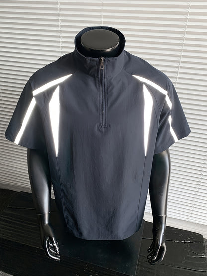 Men's Summer Outdoor Casual Plus-Size Sporty Spliced Reflective Stripe Stand Collar Short-Sleeve T-Shirt