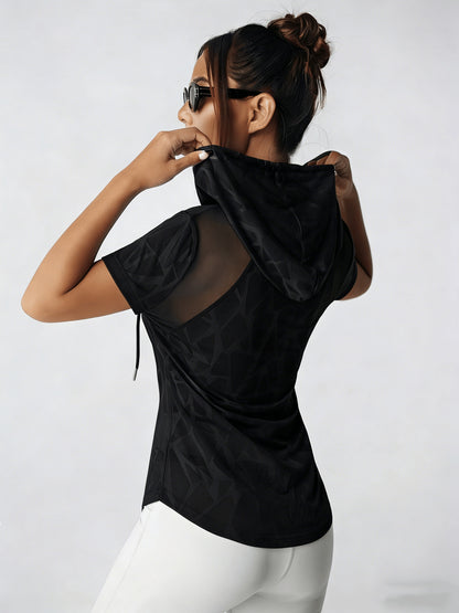 Women'S Spring Summer Athletic Fitness Yoga Hooded T-Shirt, Mesh Panel Design