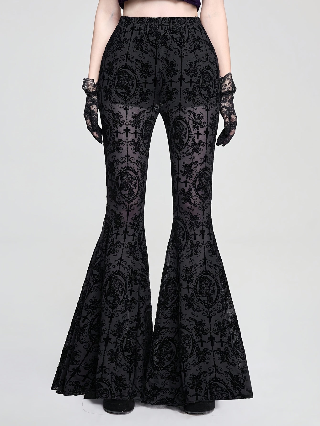 Gothic Skull Vine Cross Print Wide Leg Long Pants