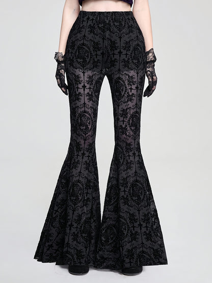 Gothic Skull Vine Cross Print Wide Leg Long Pants