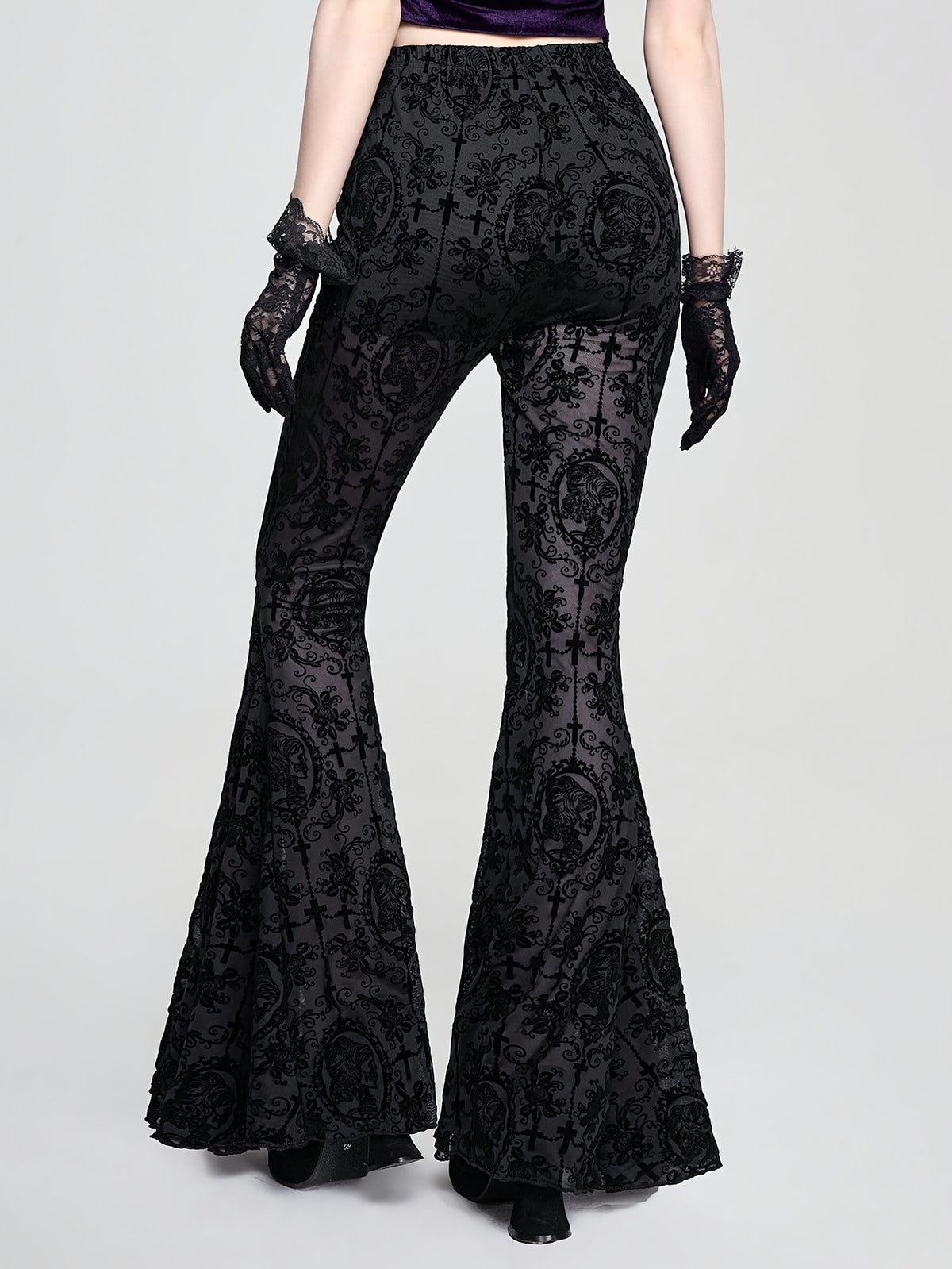 Gothic Skull Vine Cross Print Wide Leg Long Pants