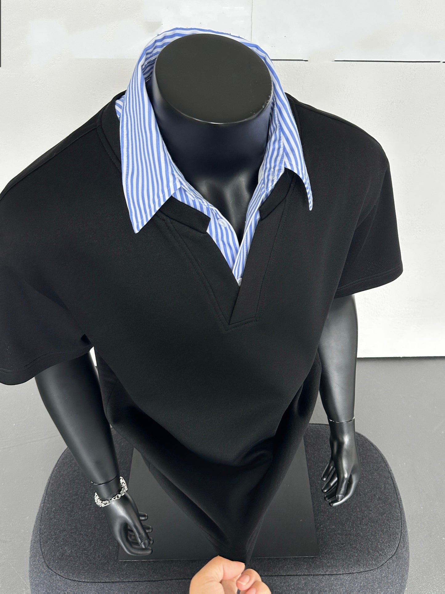 Striped Collar Shirt, Summer Casual Loose Short Sleeve T-Shirt, Business Color Block Lapel Top