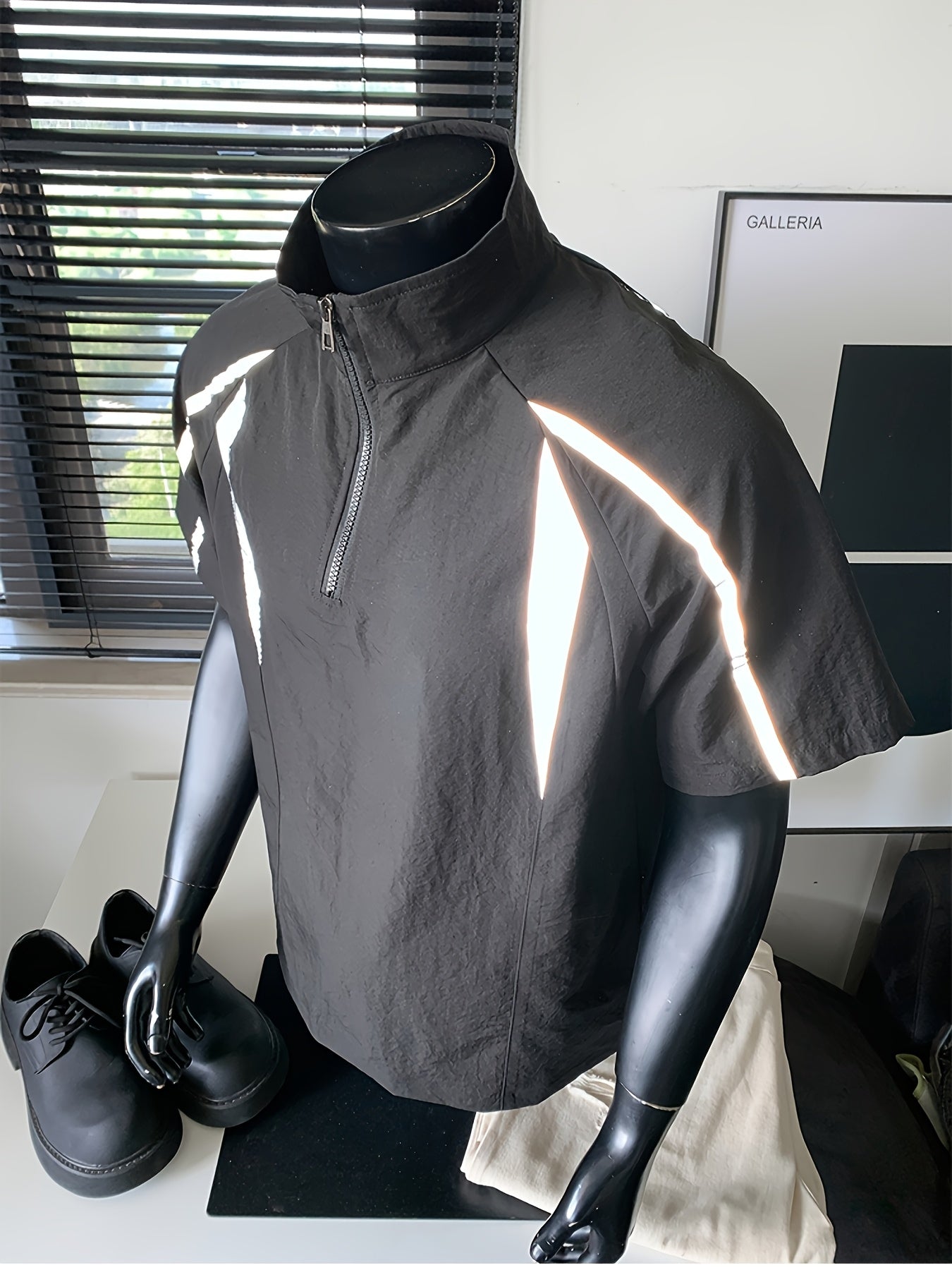 Men's Summer Outdoor Casual Plus-Size Sporty Spliced Reflective Stripe Stand Collar Short-Sleeve T-Shirt