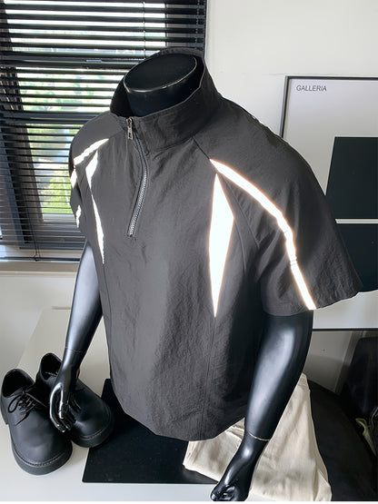Men's Summer Outdoor Casual Plus-Size Sporty Spliced Reflective Stripe Stand Collar Short-Sleeve T-Shirt