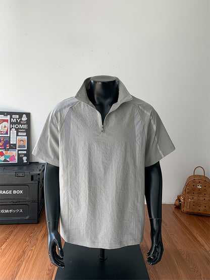 Men's Summer Outdoor Casual Plus-Size Sporty Spliced Reflective Stripe Stand Collar Short-Sleeve T-Shirt
