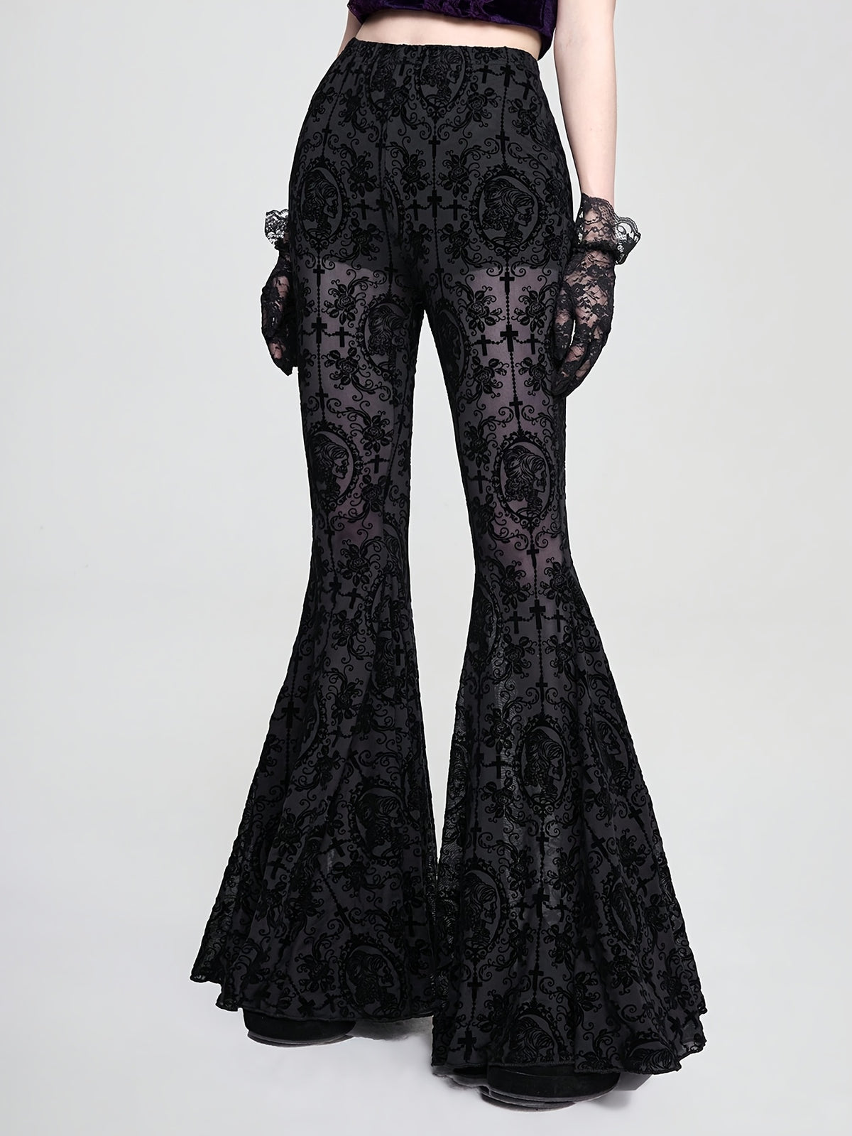 Gothic Skull Vine Cross Print Wide Leg Long Pants