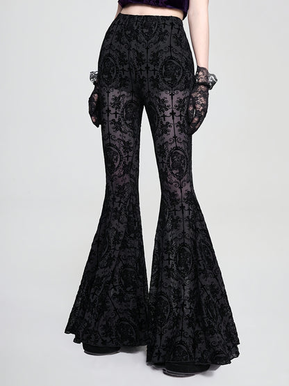 Gothic Skull Vine Cross Print Wide Leg Long Pants