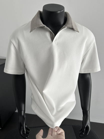 Men's Contrast Collar Shirt, Casual Short Sleeve Top, Loose Fit Breathable Summer T-Shirt for Daily Wear