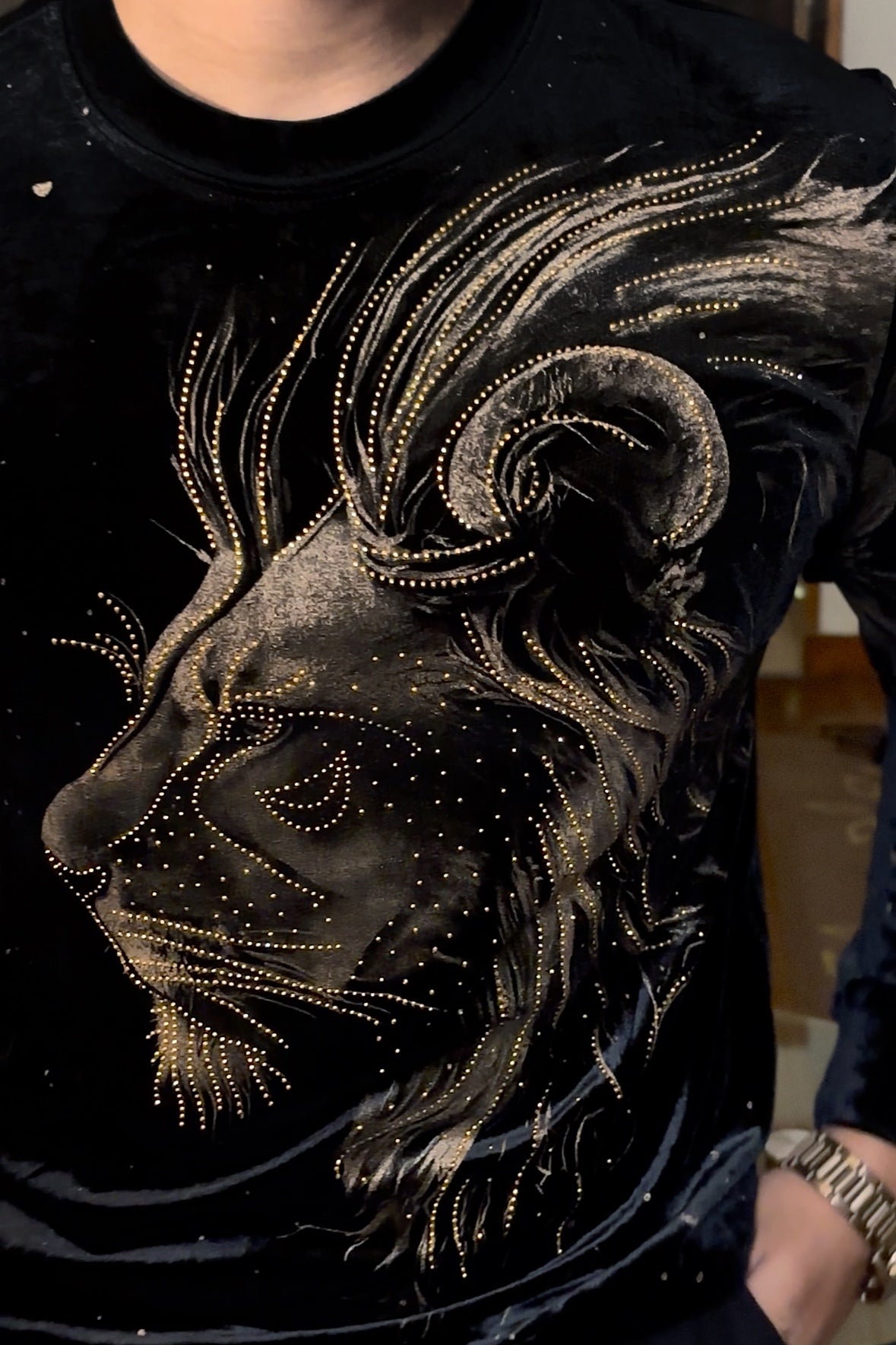 Velvet Swarovski Lion Side Face Gold Print Sweatshirt - Black