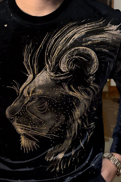 Velvet Swarovski Lion Side Face Gold Print Sweatshirt - Black