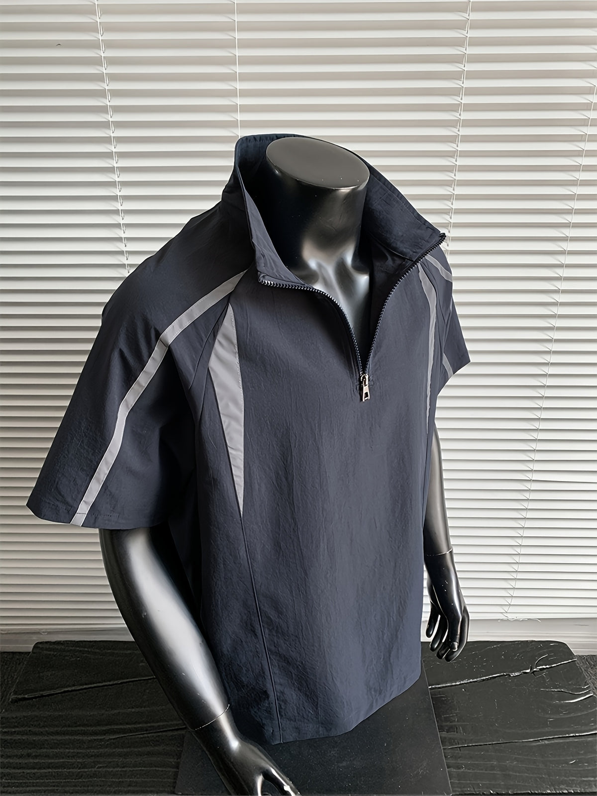 Men's Summer Outdoor Casual Plus-Size Sporty Spliced Reflective Stripe Stand Collar Short-Sleeve T-Shirt