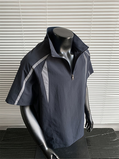 Men's Summer Outdoor Casual Plus-Size Sporty Spliced Reflective Stripe Stand Collar Short-Sleeve T-Shirt