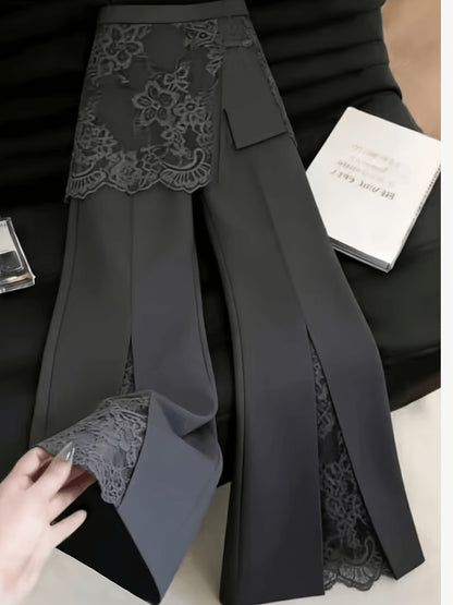 Women'S Elegant Lace Patchwork Side Slit Flare Trousers, Women'S Pants [ZLLZ]