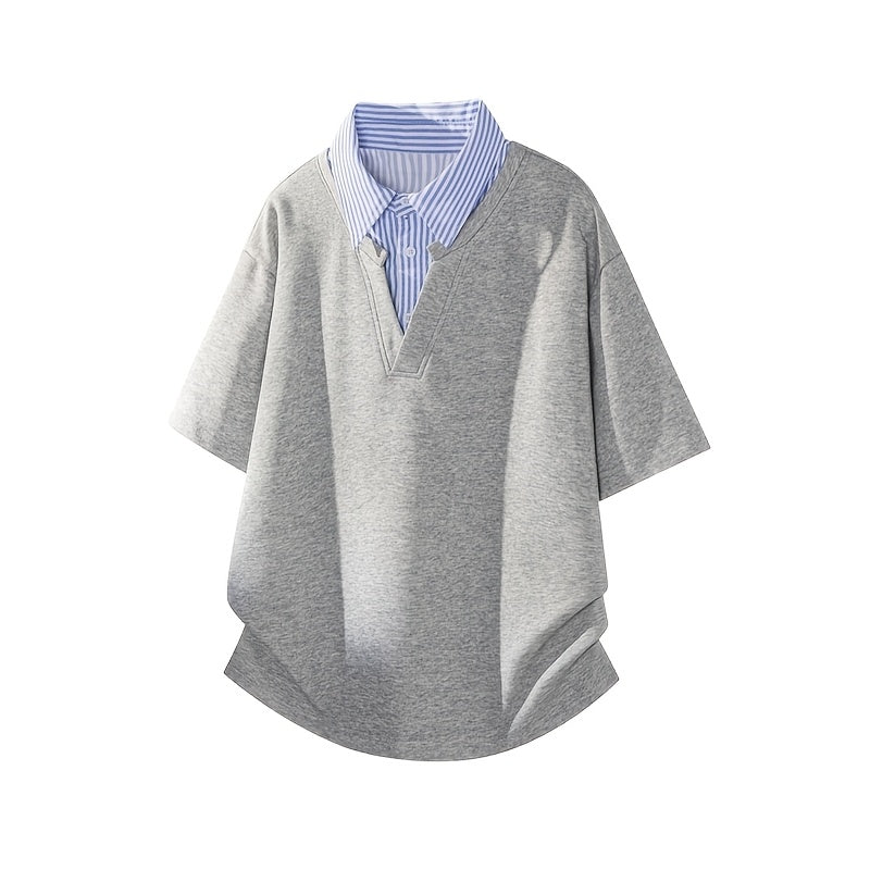 Striped Collar Shirt, Summer Casual Loose Short Sleeve T-Shirt, Business Color Block Lapel Top