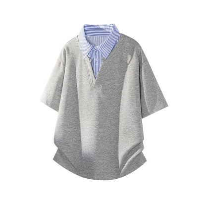 Striped Collar Shirt, Summer Casual Loose Short Sleeve T-Shirt, Business Color Block Lapel Top