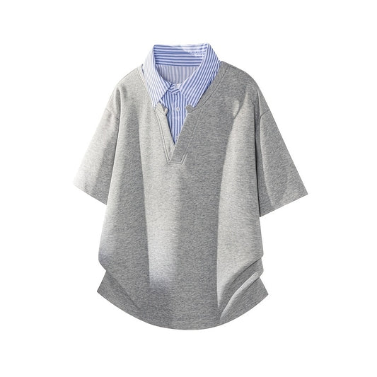 Striped Collar Shirt, Summer Casual Loose Short Sleeve T-Shirt, Business Color Block Lapel Top