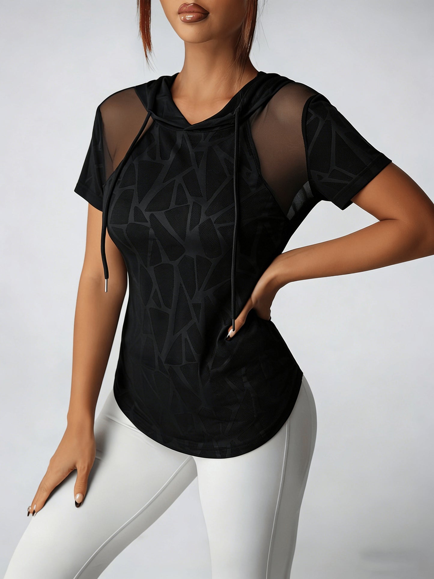 Women'S Spring Summer Athletic Fitness Yoga Hooded T-Shirt, Mesh Panel Design