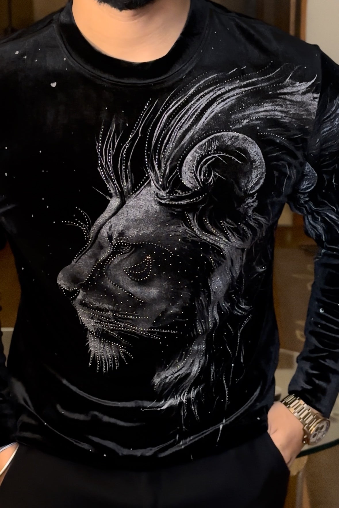 Velvet Swarovski Lion Side Face Silver Print Sweatshirt - Black