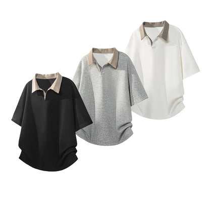 Men's Contrast Collar Shirt, Casual Short Sleeve Top, Loose Fit Breathable Summer T-Shirt for Daily Wear