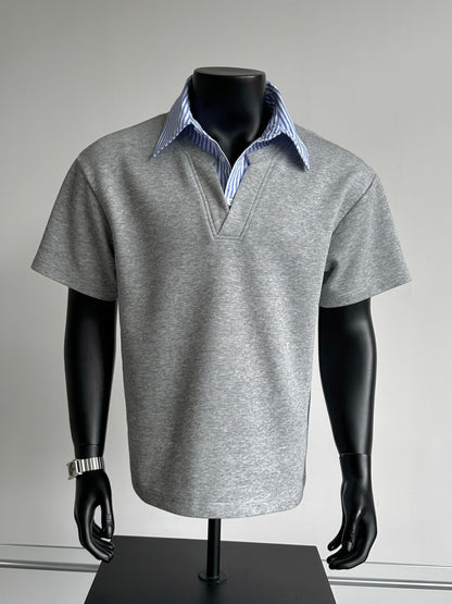 Striped Collar Shirt, Summer Casual Loose Short Sleeve T-Shirt, Business Color Block Lapel Top